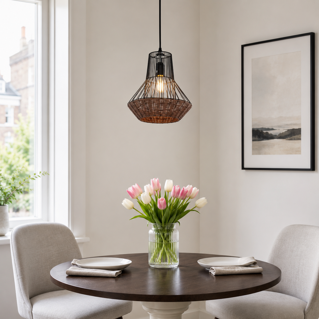 rattan iron pendant light above a bright dining table