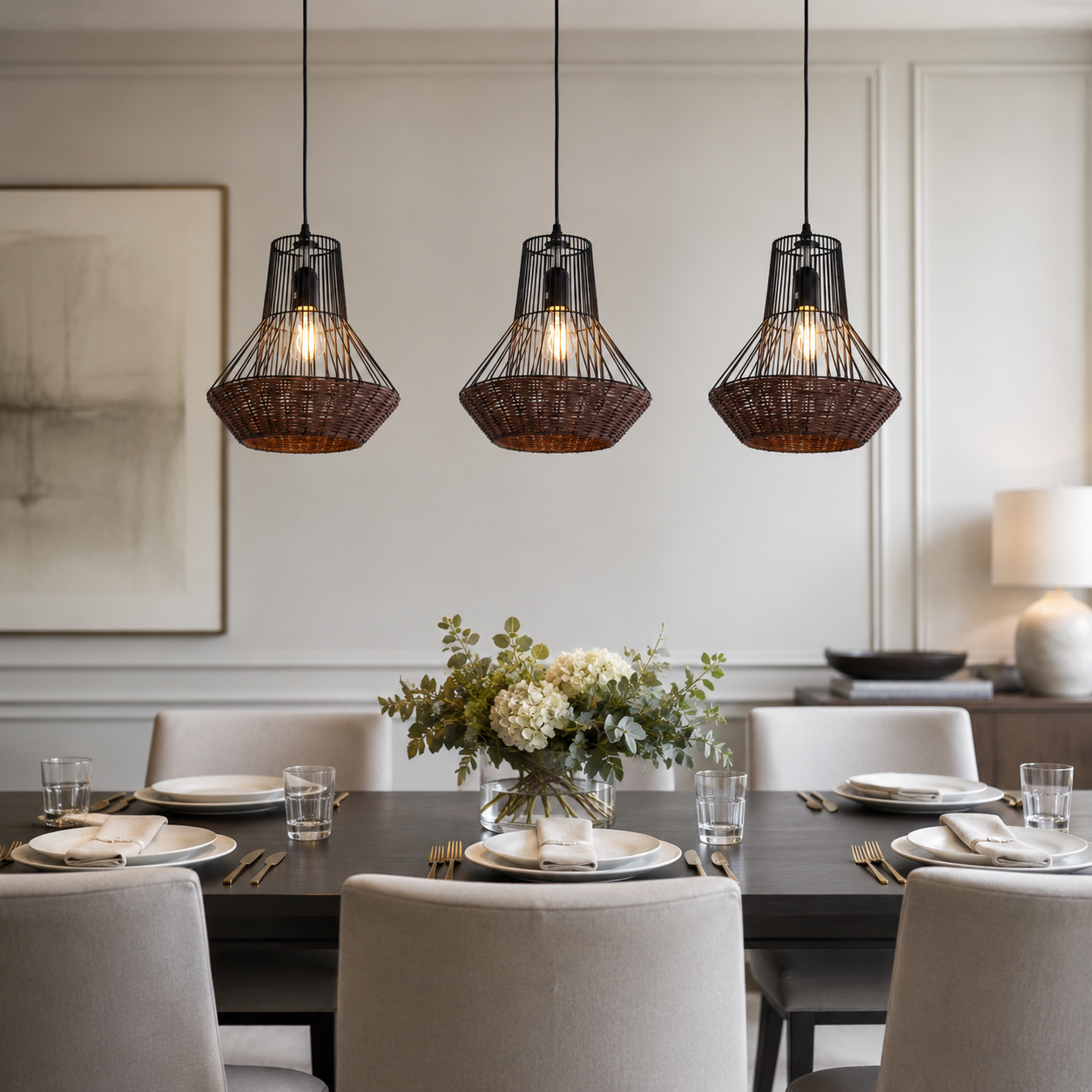 rattan iron pendant light in a sunlit breakfast nook