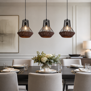 rattan iron pendant light in a sunlit breakfast nook