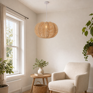rattan pendant light above a bright dining table