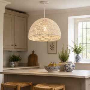 Soft white rope pendant light above a kitchen counter