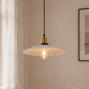 white iron pendant light with white iron shade and brass accent