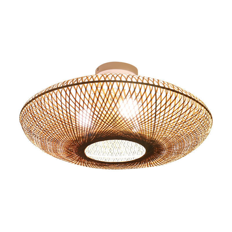 Modern Creative Flying Saucer Bamboo Woven Semi-Flush Mount Ceiling Light