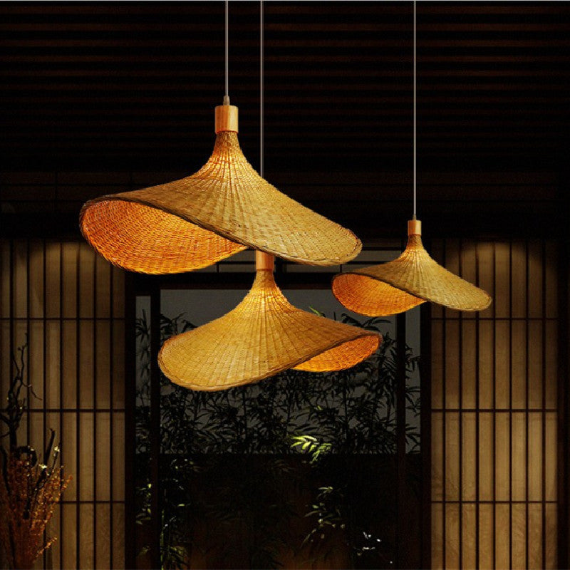 Vintage Straw Hat Rattan Woven Pendant Light for Living Room