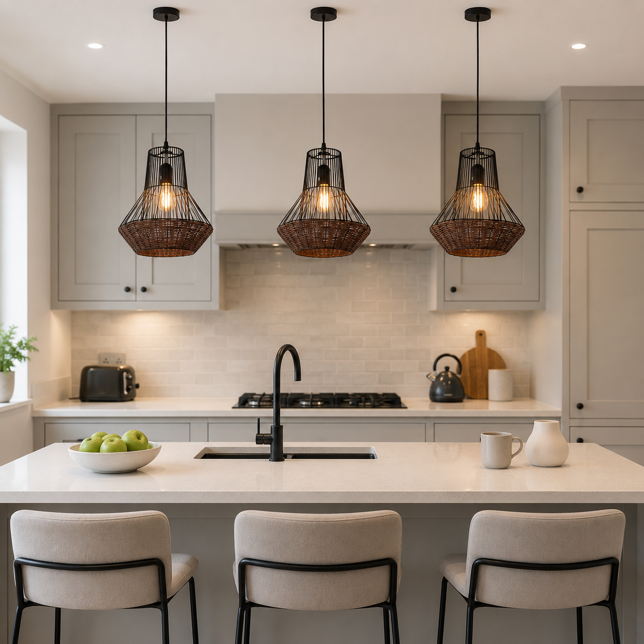 rattan iron pendant light beside a bright window