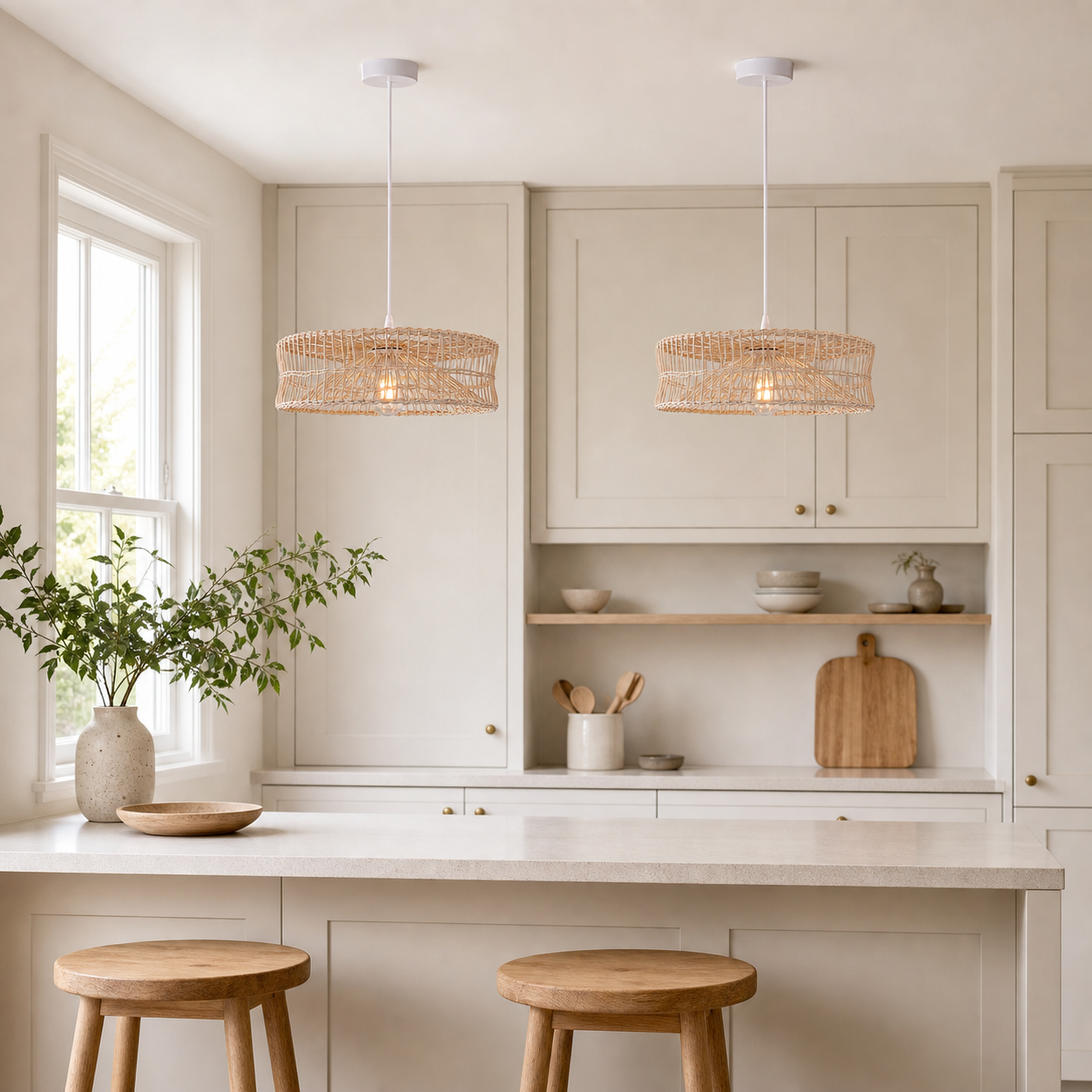 rattan pendant light above a bright dining table