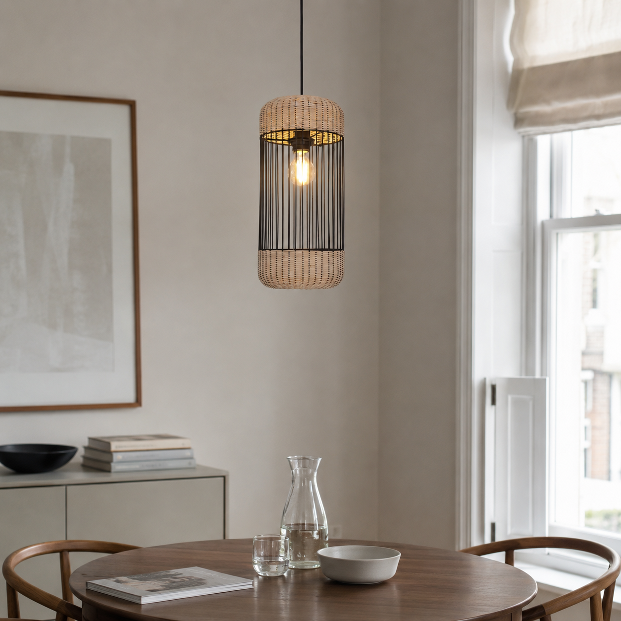 rattan iron cylinder pendant light over a warm kitchen counter