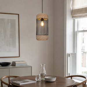 rattan iron cylinder pendant light over a warm kitchen counter