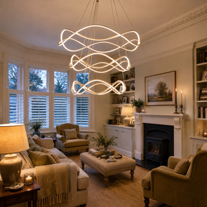led dimmable spiral design pendant light above a bright dining table