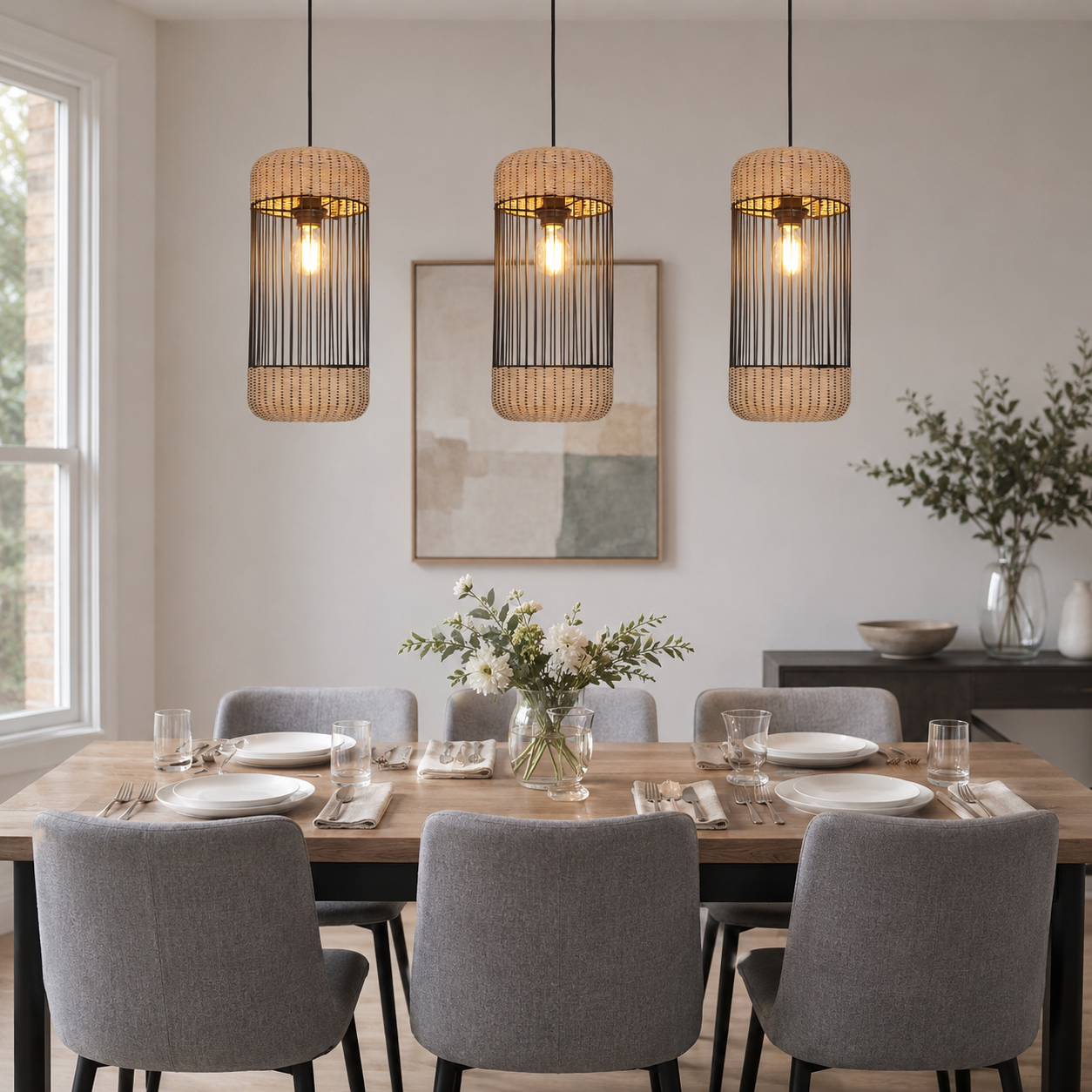rattan iron cylinder pendant light in a sunlit breakfast nook
