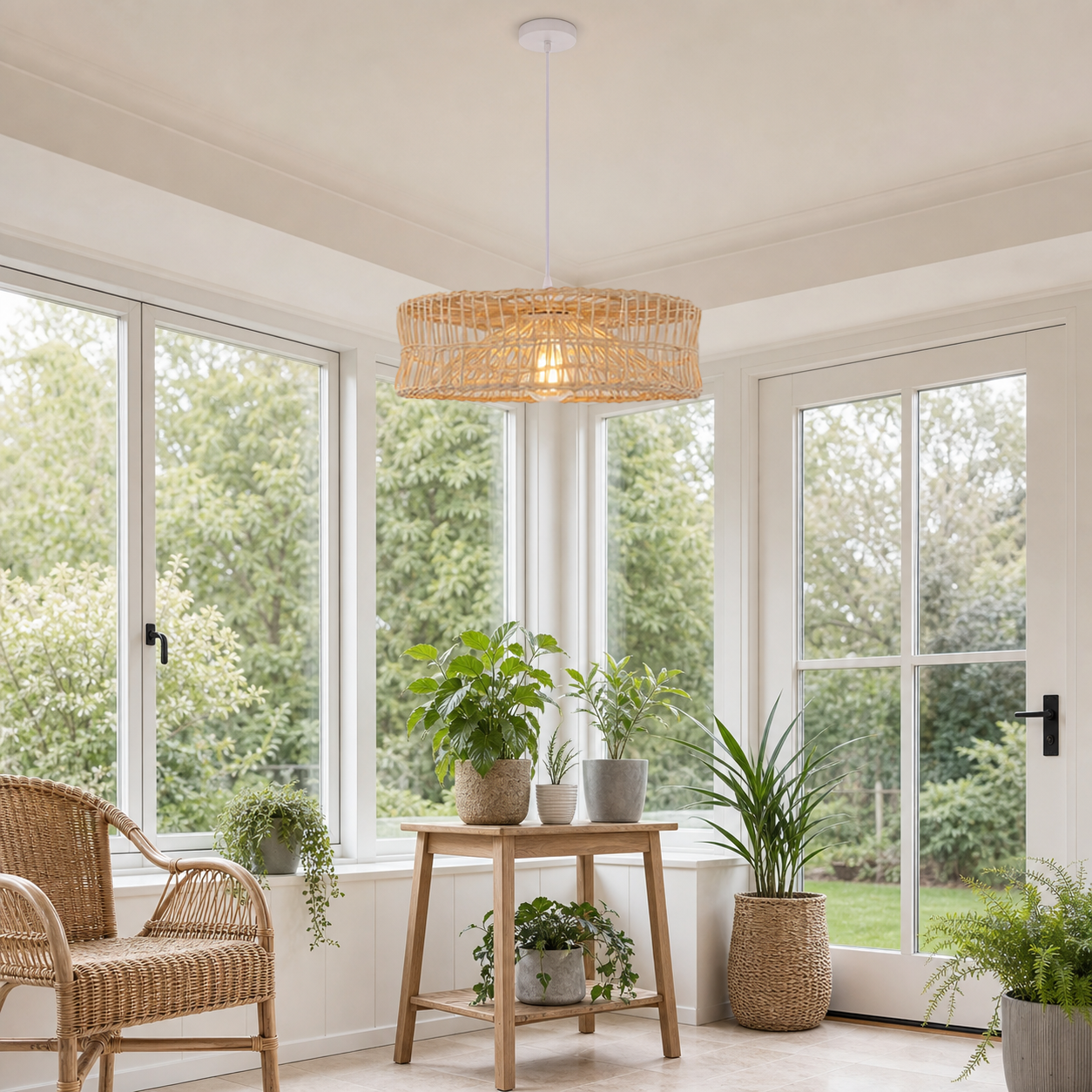 rattan pendant light in a sunlit breakfast nook