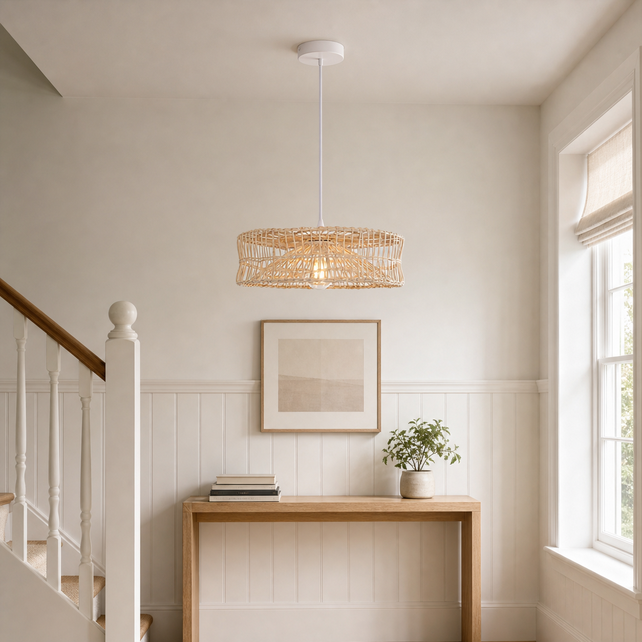 rattan pendant light beside a bright window