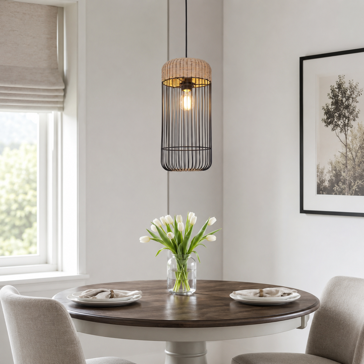 rattan iron cylinder pendant light above a bright dining table