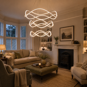 led dimmable spiral design pendant light beside a bright window