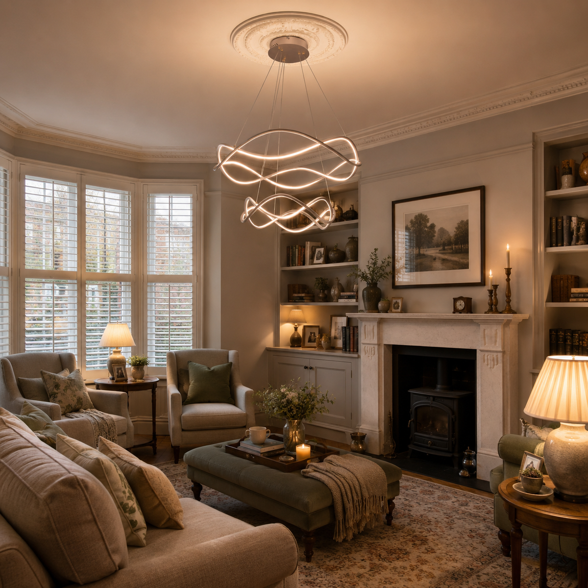 led dimmable spiral design pendant light above a bright dining table