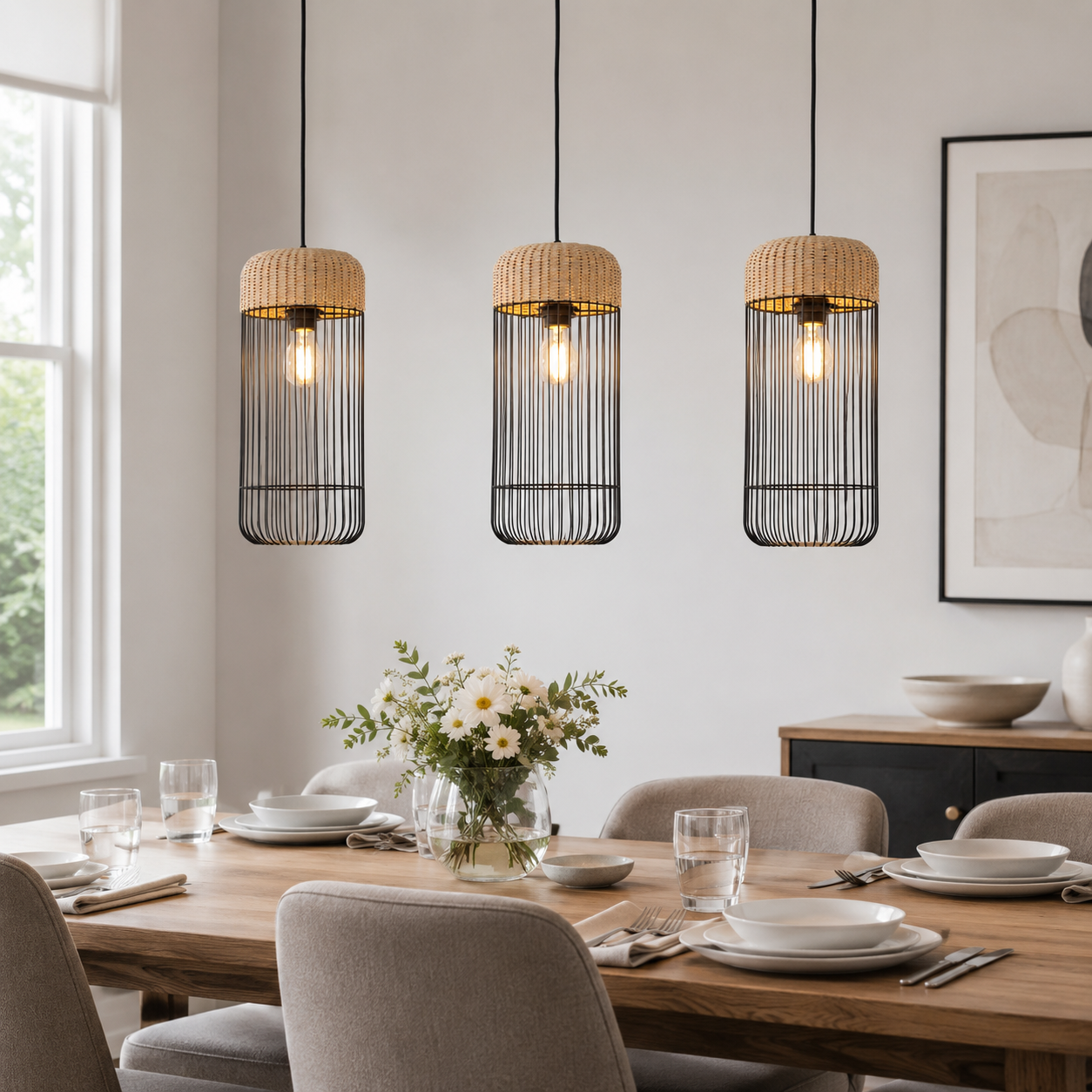 rattan iron cylinder pendant light in a sunlit breakfast nook