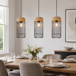 rattan iron cylinder pendant light in a sunlit breakfast nook