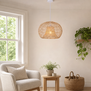 rattan pendant light above a bright dining table