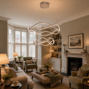 led dimmable spiral design pendant light over a warm kitchen counter