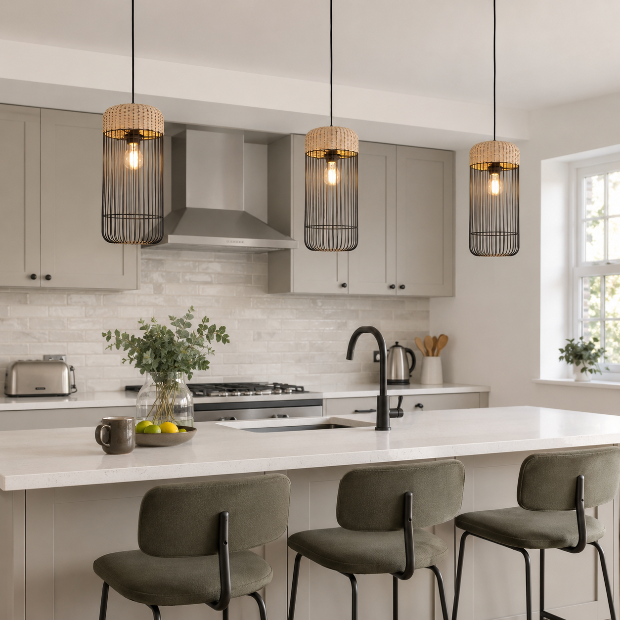 rattan iron cylinder pendant light beside a bright window