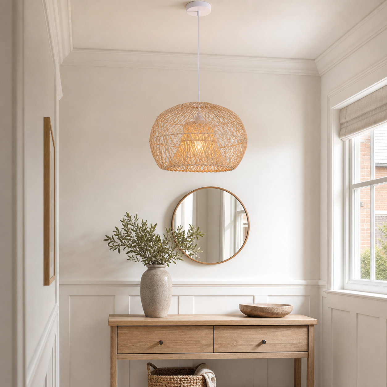 rattan pendant light over a warm kitchen counter