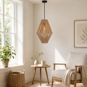 bamboo pendant light above a bright dining table