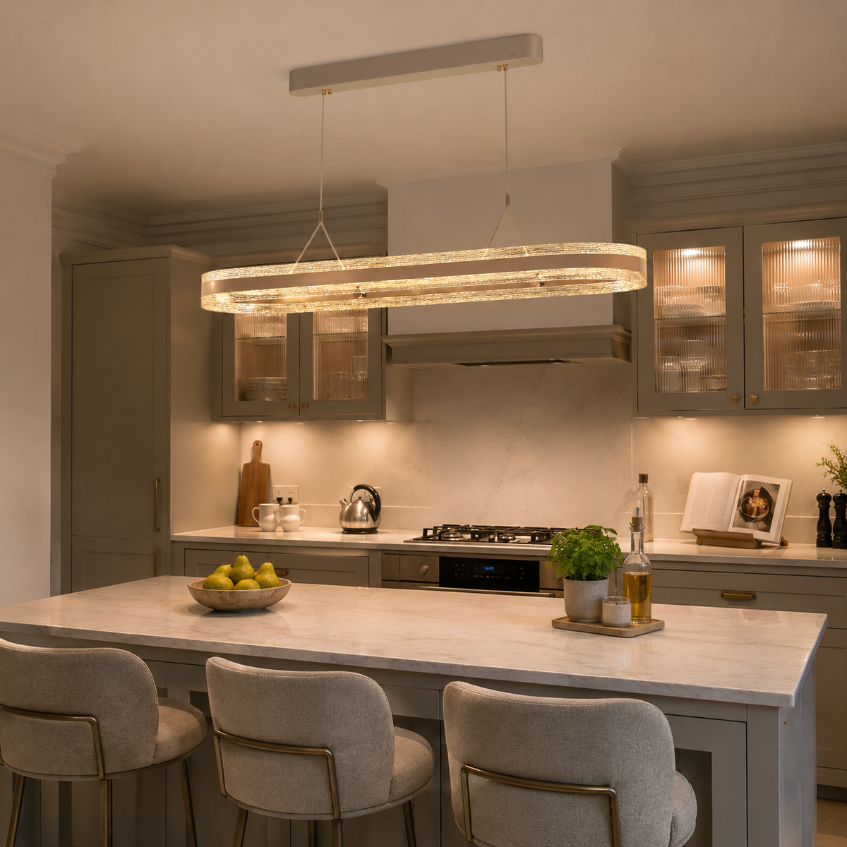aluminium pendant light above a bright dining table