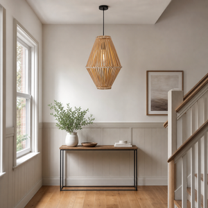 bamboo pendant light beside a bright window