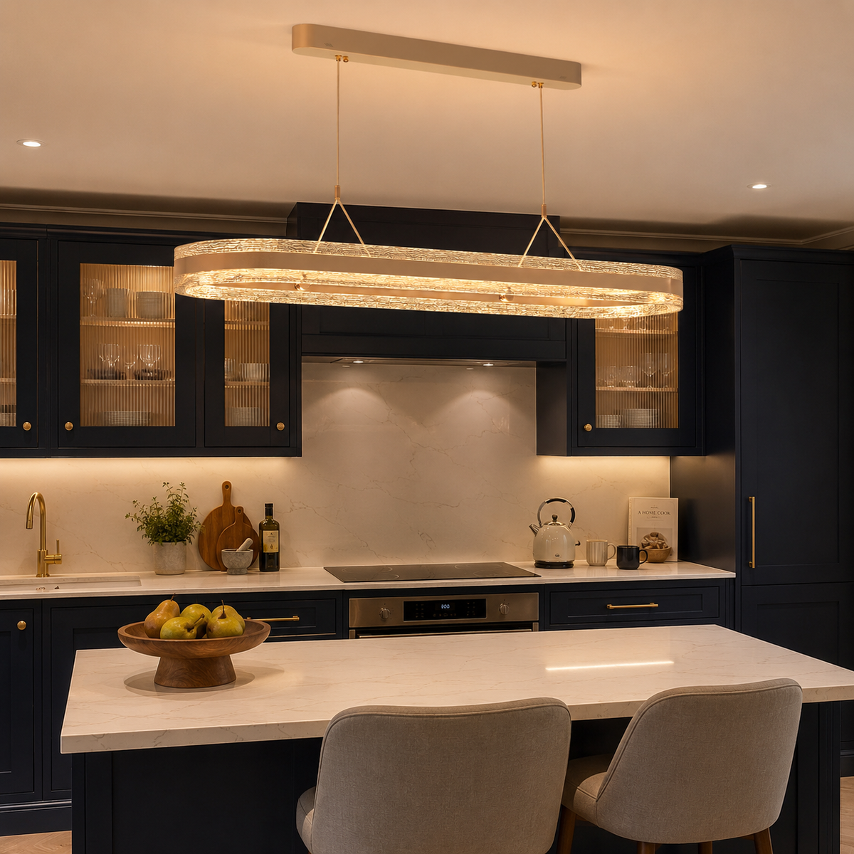 aluminium pendant light over a warm kitchen counter