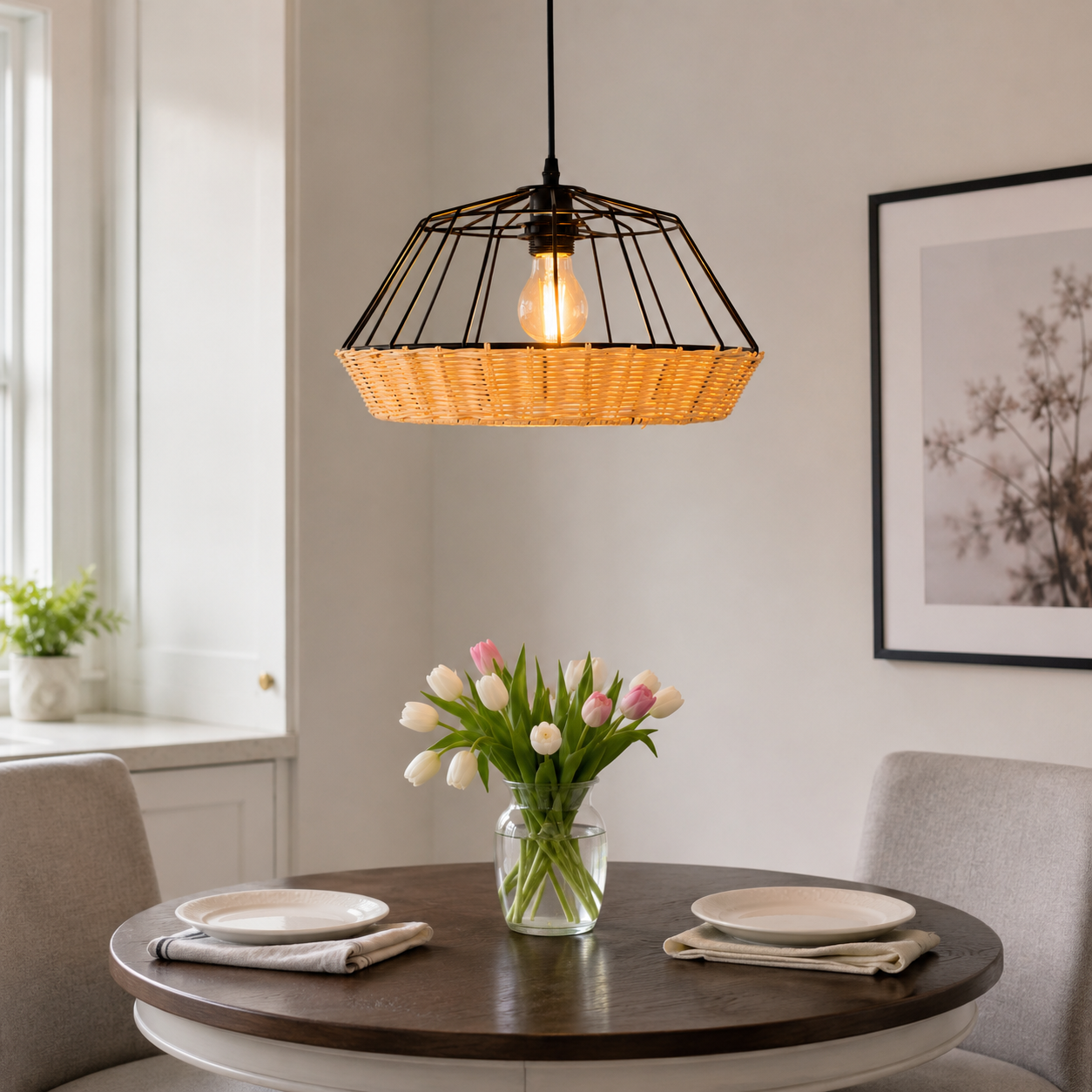 rattan pendant light above a bright dining table