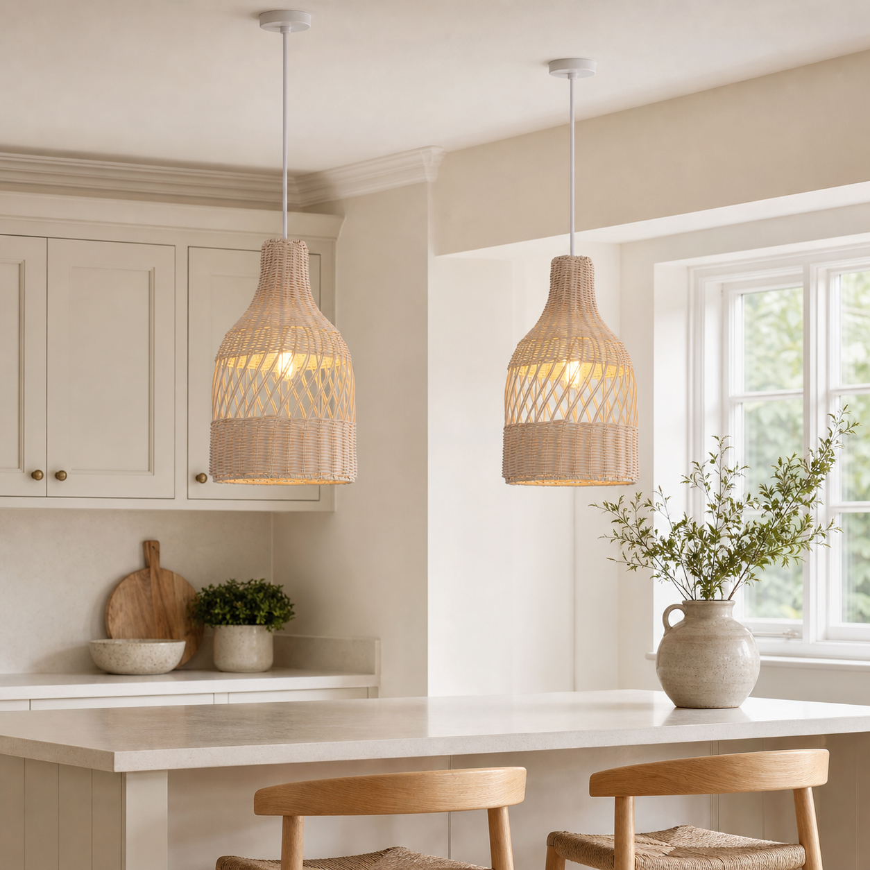 rattan pendant light above a bright dining table
