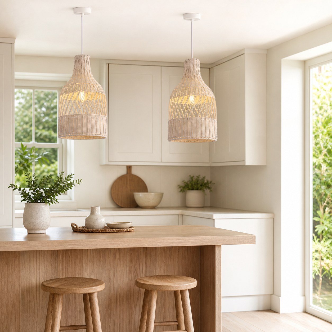 rattan pendant light in a sunlit breakfast nook