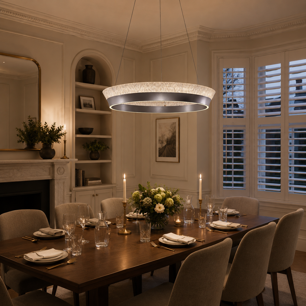 ring pendant light above a bright dining table
