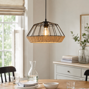 rattan pendant light in a sunlit breakfast nook