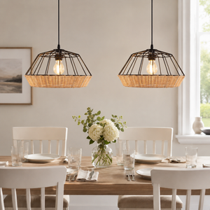 rattan pendant light beside a bright window
