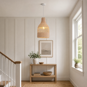 rattan pendant light beside a bright window