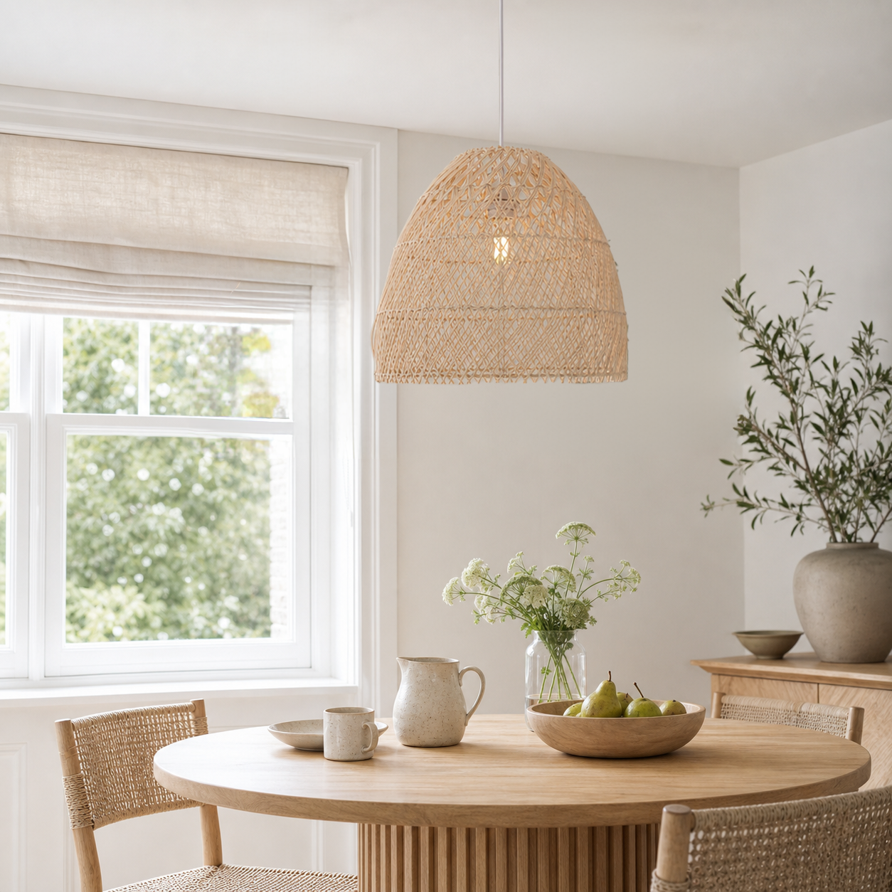 rattan dome bell pendant light over a warm kitchen counter