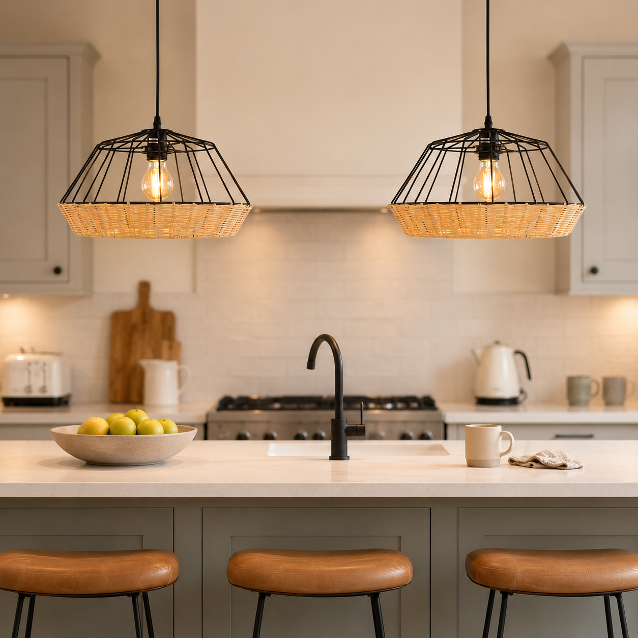 rattan iron pendant light over a warm kitchen counter