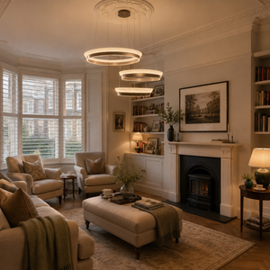 ring pendant light above a bright dining table