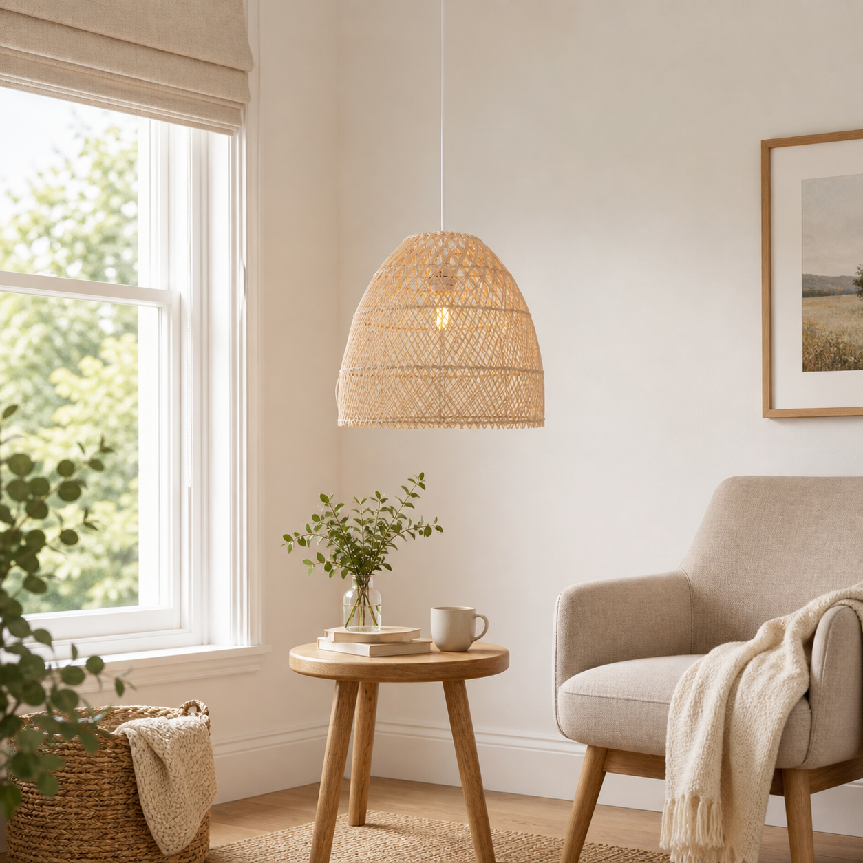 rattan dome bell pendant light above a bright dining table