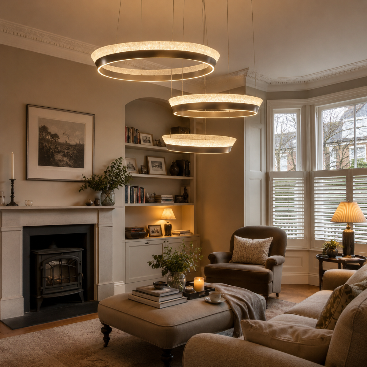 ring pendant light over a warm kitchen counter