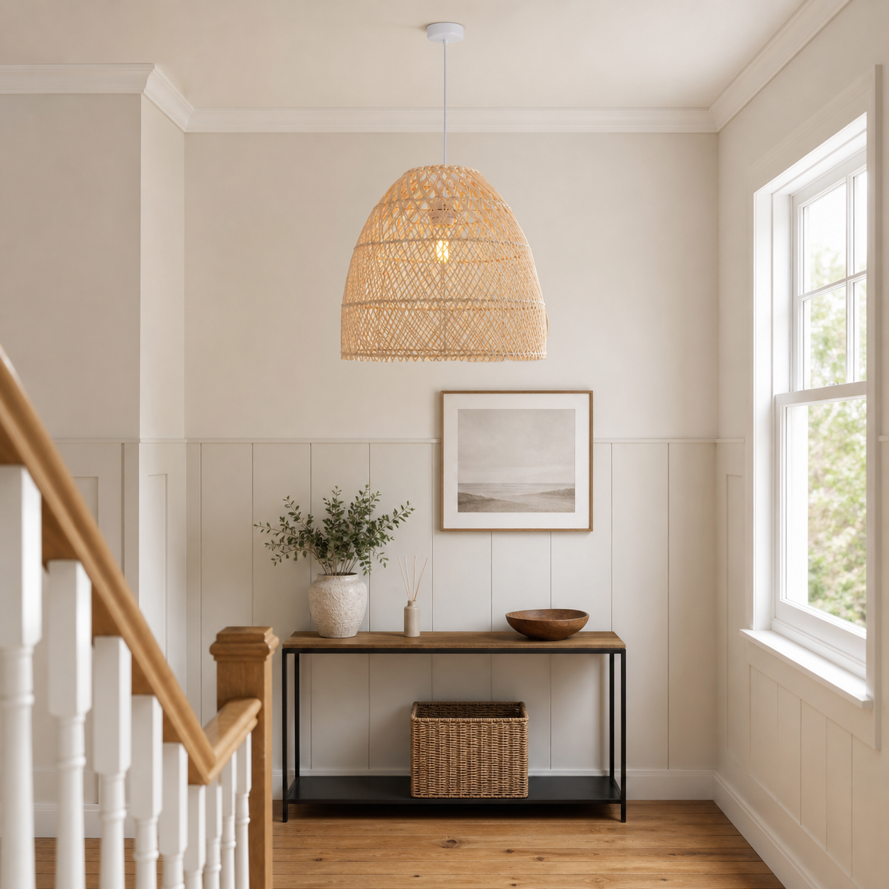 rattan dome bell pendant light beside a bright window