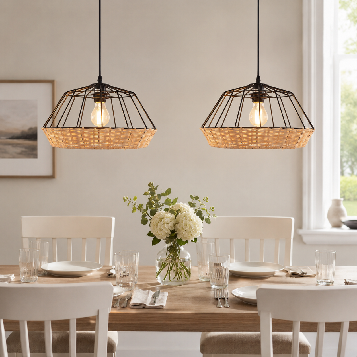 rattan iron pendant light beside a bright window