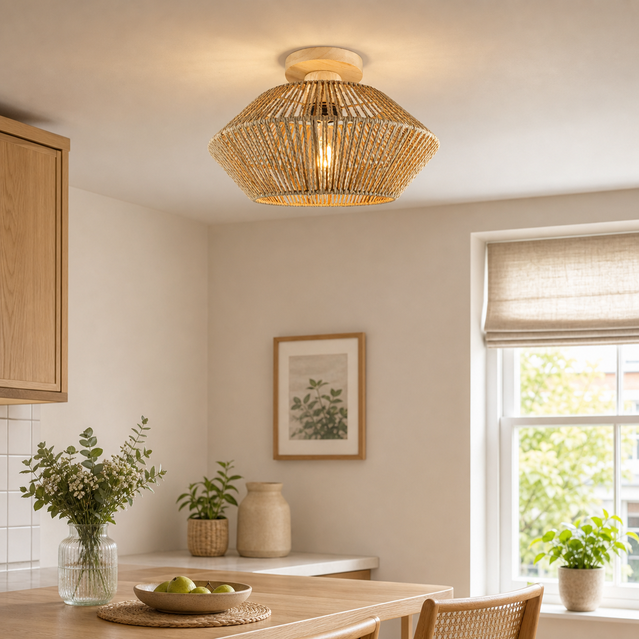 rattan pendant light above a bright dining table