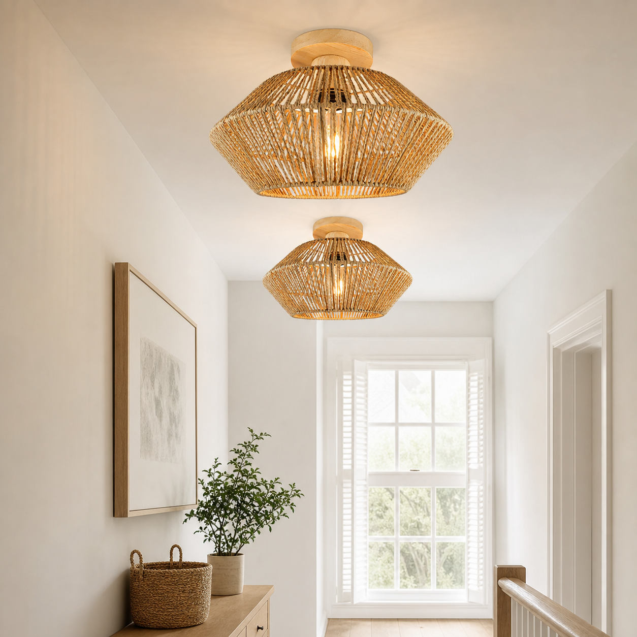 rattan pendant light above a bright dining table