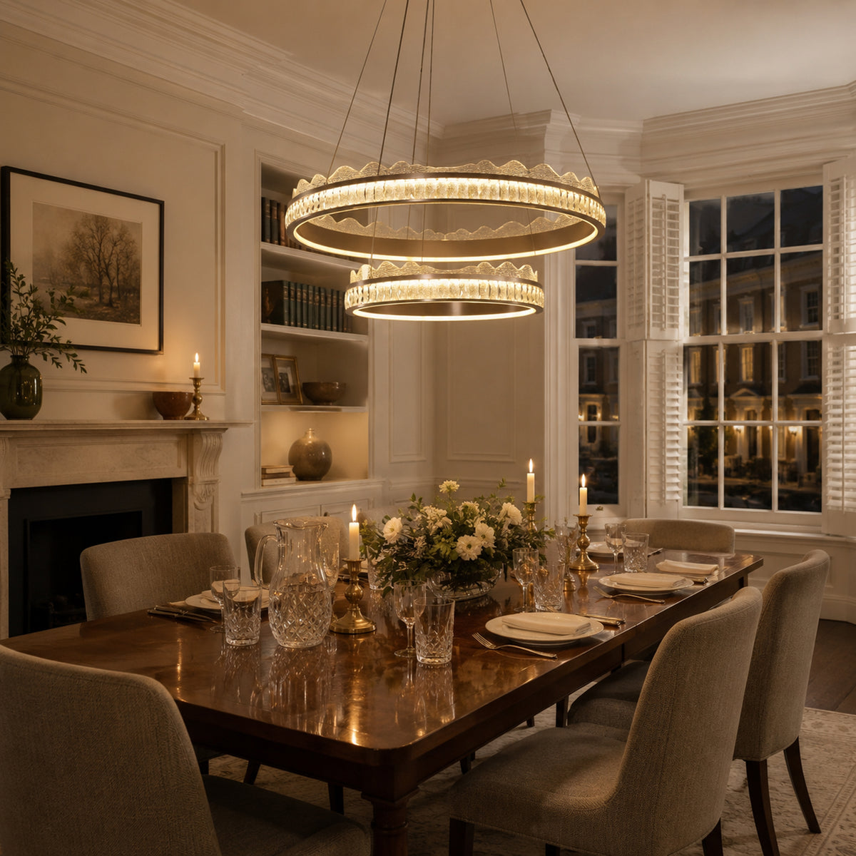 aluminium ring pendant light over a warm kitchen counter