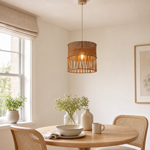 rattan pendant light in a sunlit breakfast nook