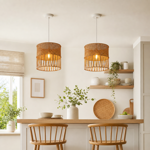 rattan pendant light beside a bright window