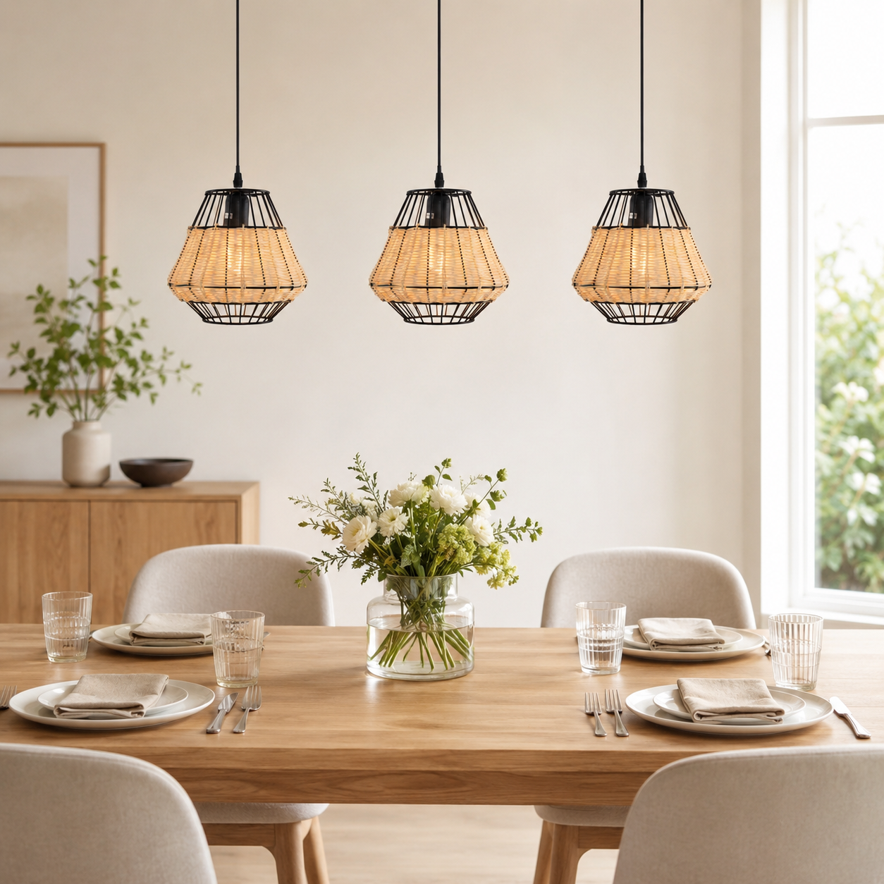 rattan iron pendant light beside a bright window
