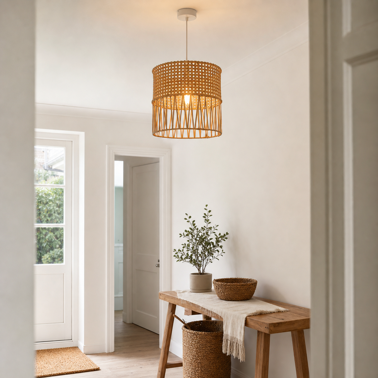 rattan pendant light beside a bright window